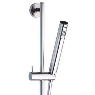 28″ round sliding bar with an ergonomic 1″ diameter hand shower, flexible PVC hose, and minimalist round wall outlet