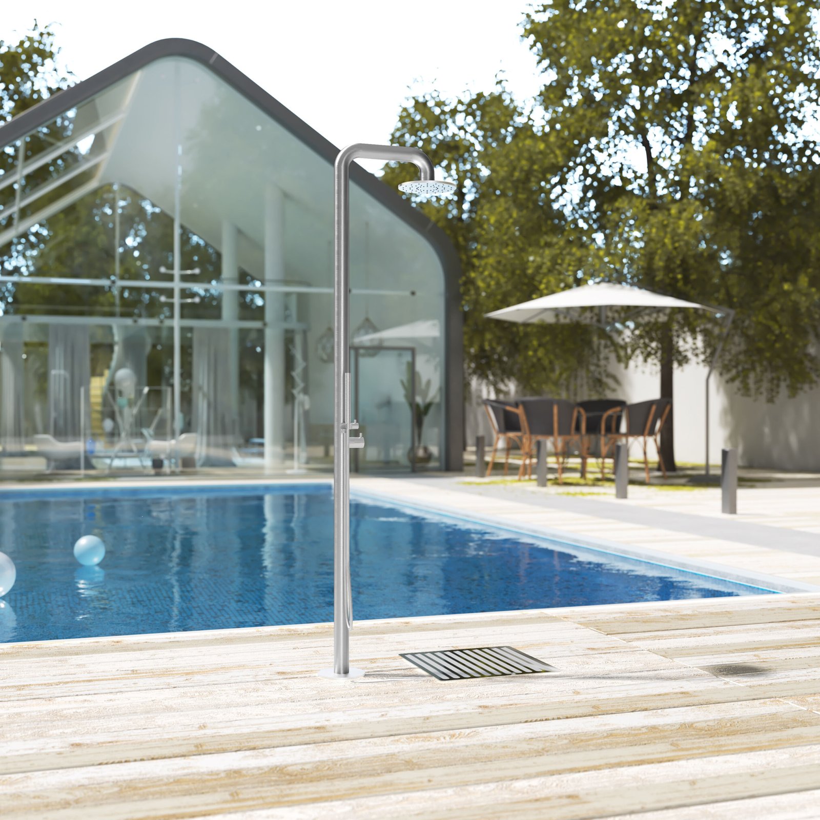 Premium stainless steel outdoor shower column featuring a polished finish, integrated pressure balance valve, and two-way diverter