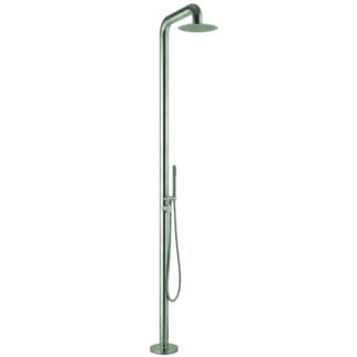 Freestanding marine-grade 316 stainless steel outdoor shower with a sleek 10″ rain jet-spray head and hand shower