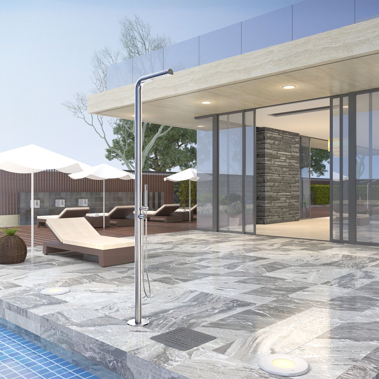 Sophisticated 316 stainless steel outdoor shower column in a brushed finish with a hand shower and flexible hose