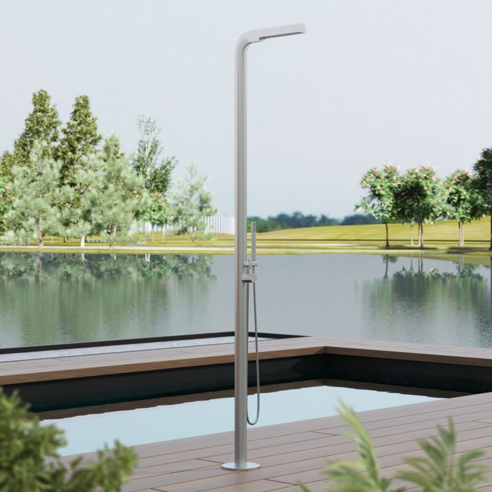 Minimalist freestanding outdoor shower column in brushed marine-grade stainless steel