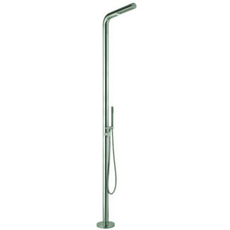 Freestanding stainless steel outdoor shower column with a polished finish, featuring a dual diverter for overhead and hand shower options