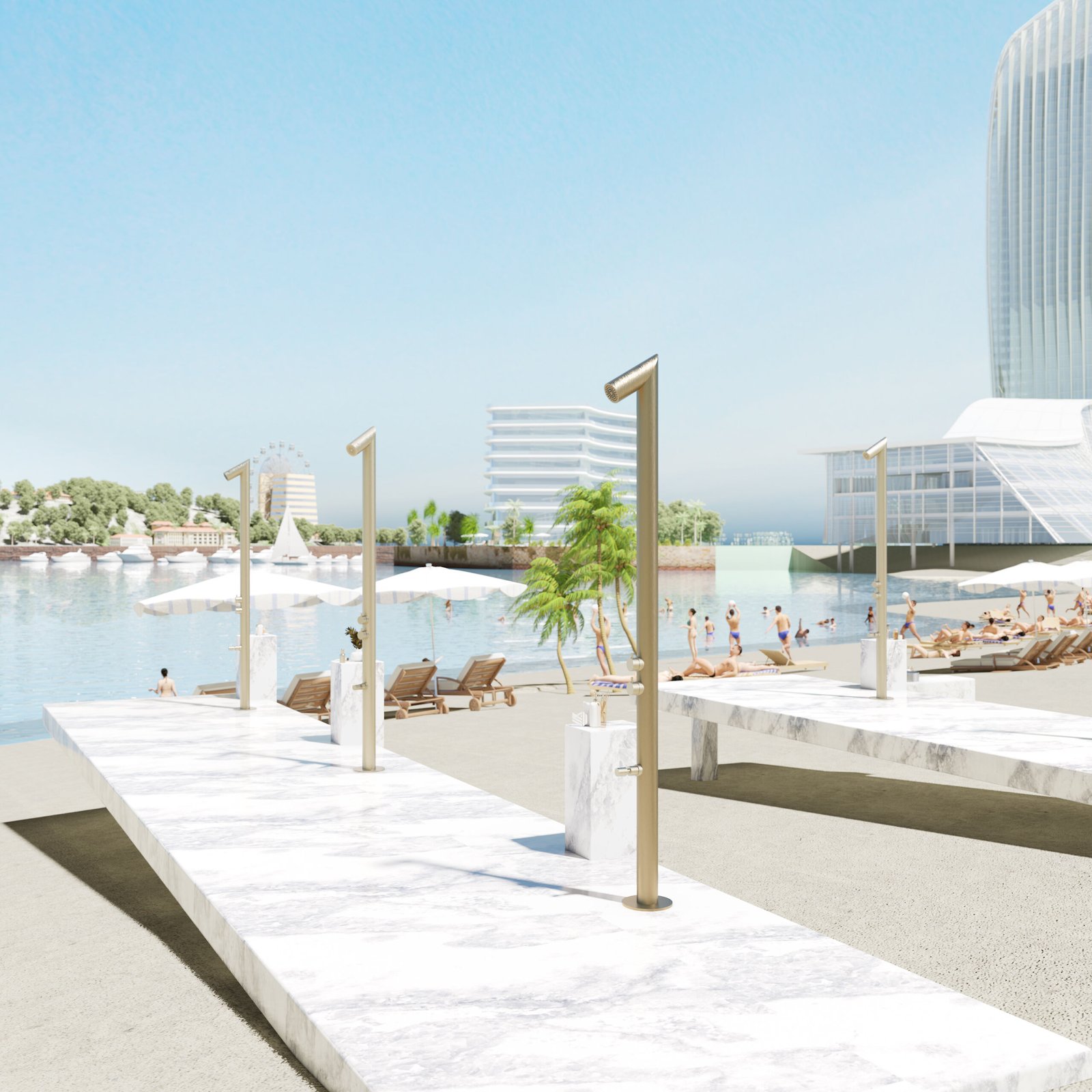 Contemporary stainless steel outdoor shower Contemporary stainless steel outdoor shower with a built-in foot jet, dual water controls, and weather-resistant materials