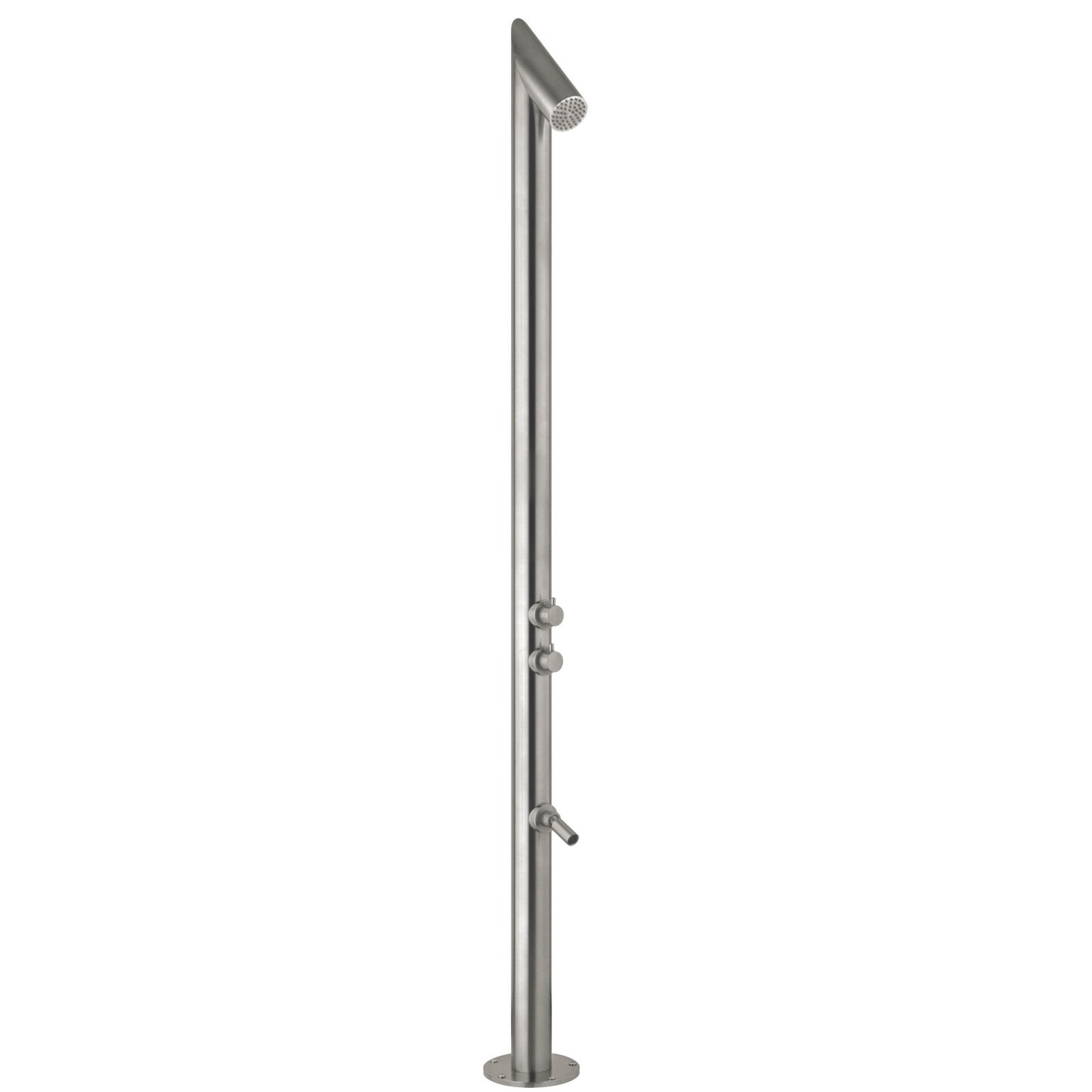 Freestanding stainless steel outdoor shower with a 360° swiveling shower head and foot jet