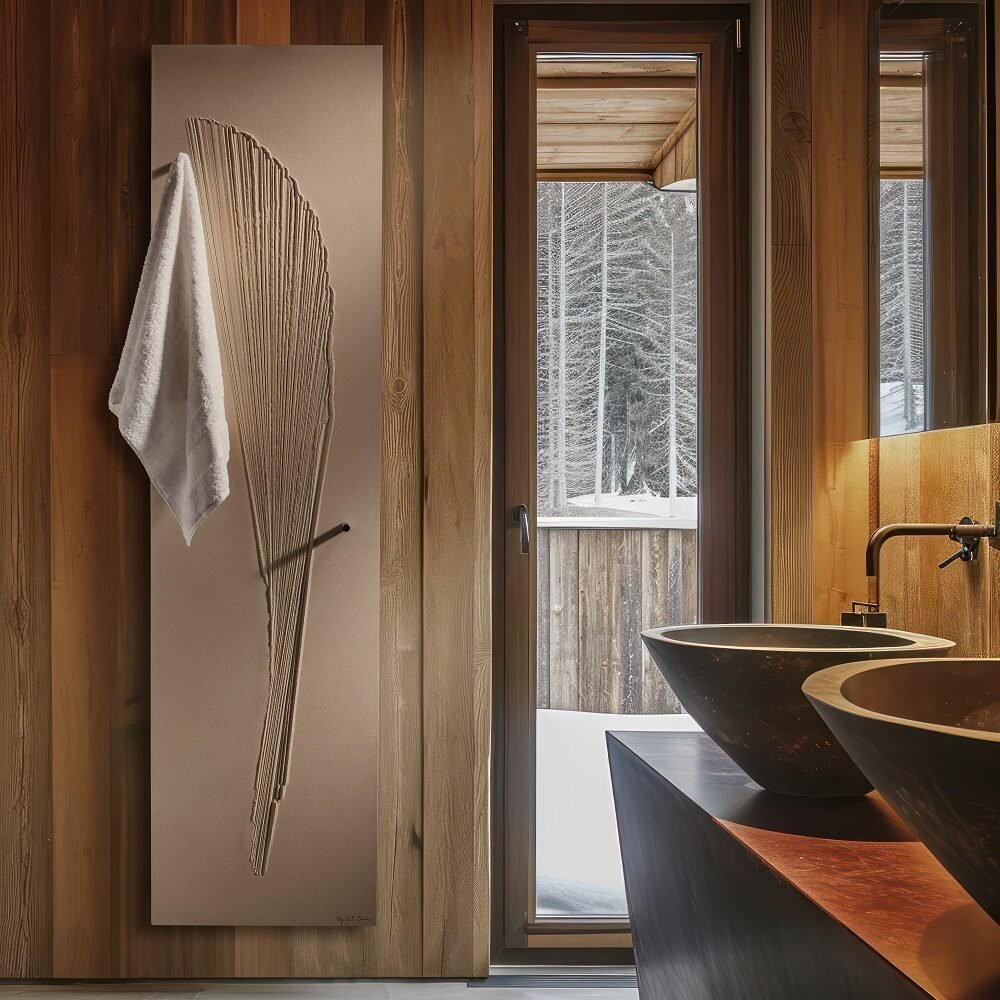 ORIENTAL tall bathroom radiator – a sleek, handcrafted heating solution made from premium Olycal® Stone, offering efficient, noise-free warmth with a compact design and optional towel bars or hooks for added convenience.