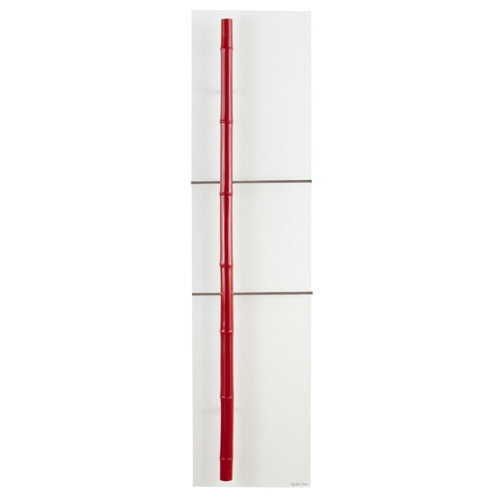 Striking red bamboo-inspired towel warmer radiator, crafted from Olycal® stone, blending artistic design with efficient, radiant heating for a bold bathroom statement.