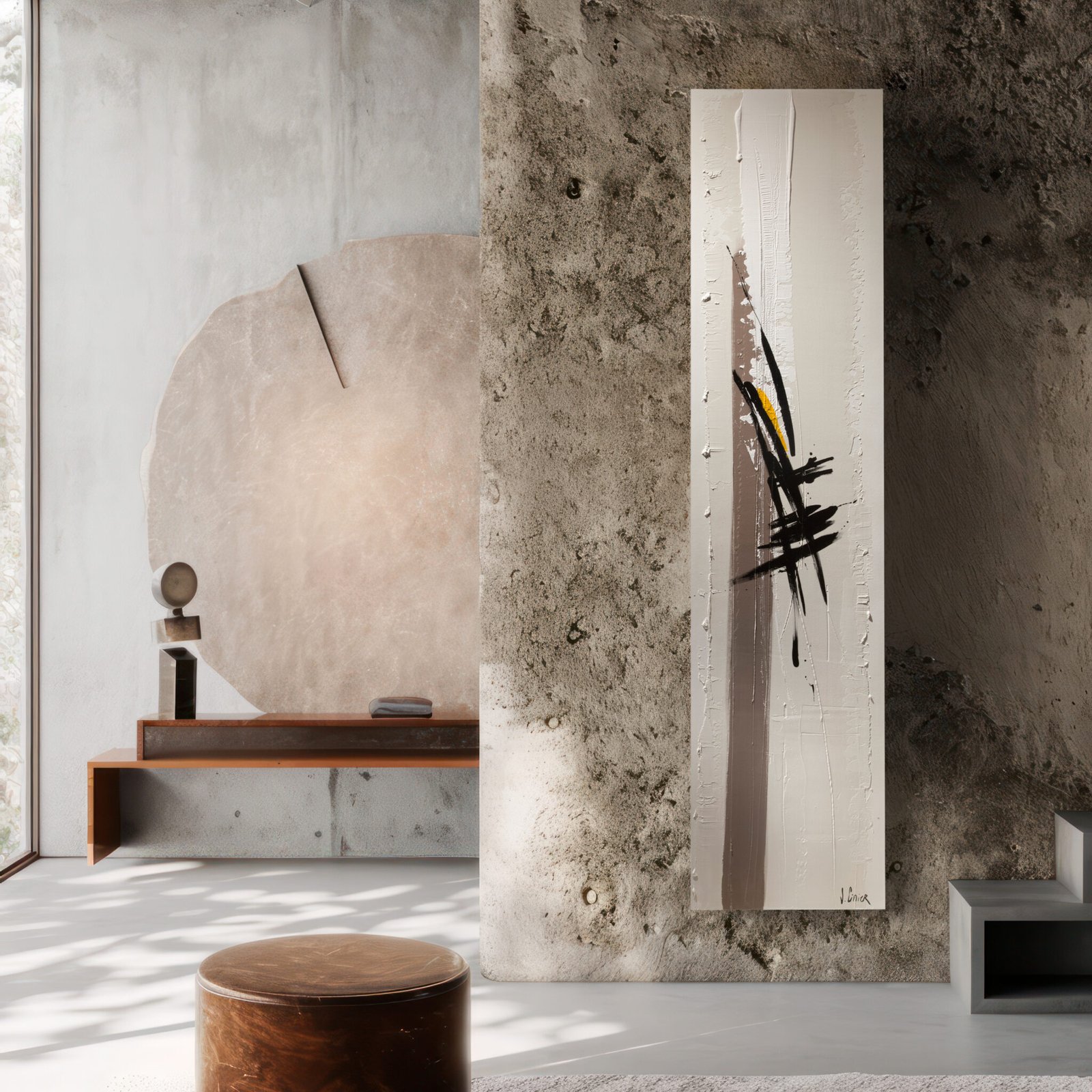ASHOK tall bathroom radiator – a handcrafted, artistic heating solution made from Olycal® Stone, featuring natural pigment finishes, optional towel hooks, and compatibility with electric and hydronic systems for a blend of luxury and functionality.