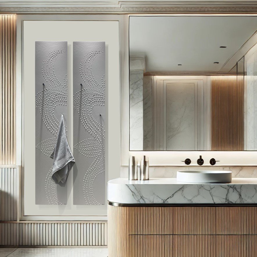 Unique tall bath radiator with a design inspired by an ocean flower.