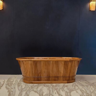 Luxurious Louvre freestanding wooden bathtub with a sleek, contemporary design, showcasing natural wood craftsmanship for spa-like elegance.