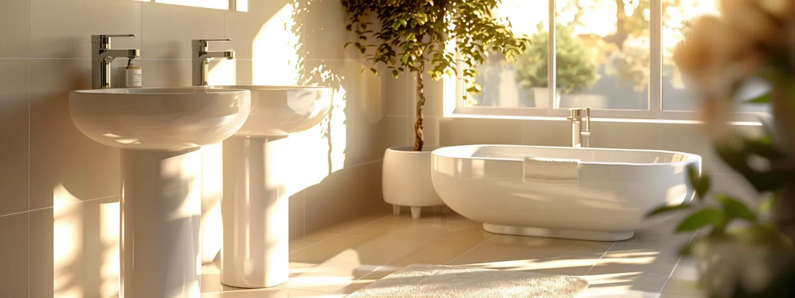 a modern bathroom with gleaming white pedestal sinks exuding timeless elegance and sophistication.