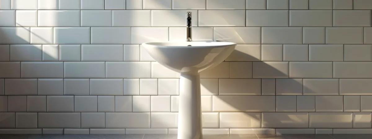 a sleek, elegant pedestal sink standing against a backdrop of white subway tiles in a minimalist, space-saving bathroom design.