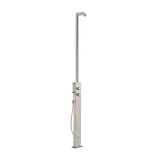 Freestanding outdoor shower with a rain head and hand shower, crafted from marine-grade 316 stainless steel. Designed for durability and corrosion resistance, ideal for poolside, garden, or beachfront installations.