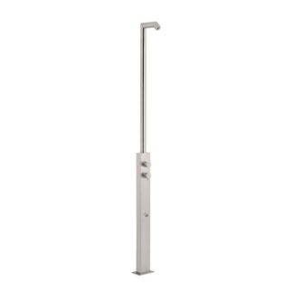 Freestanding outdoor shower with a sleek rain head and foot spray, crafted from marine-grade 316 stainless steel.