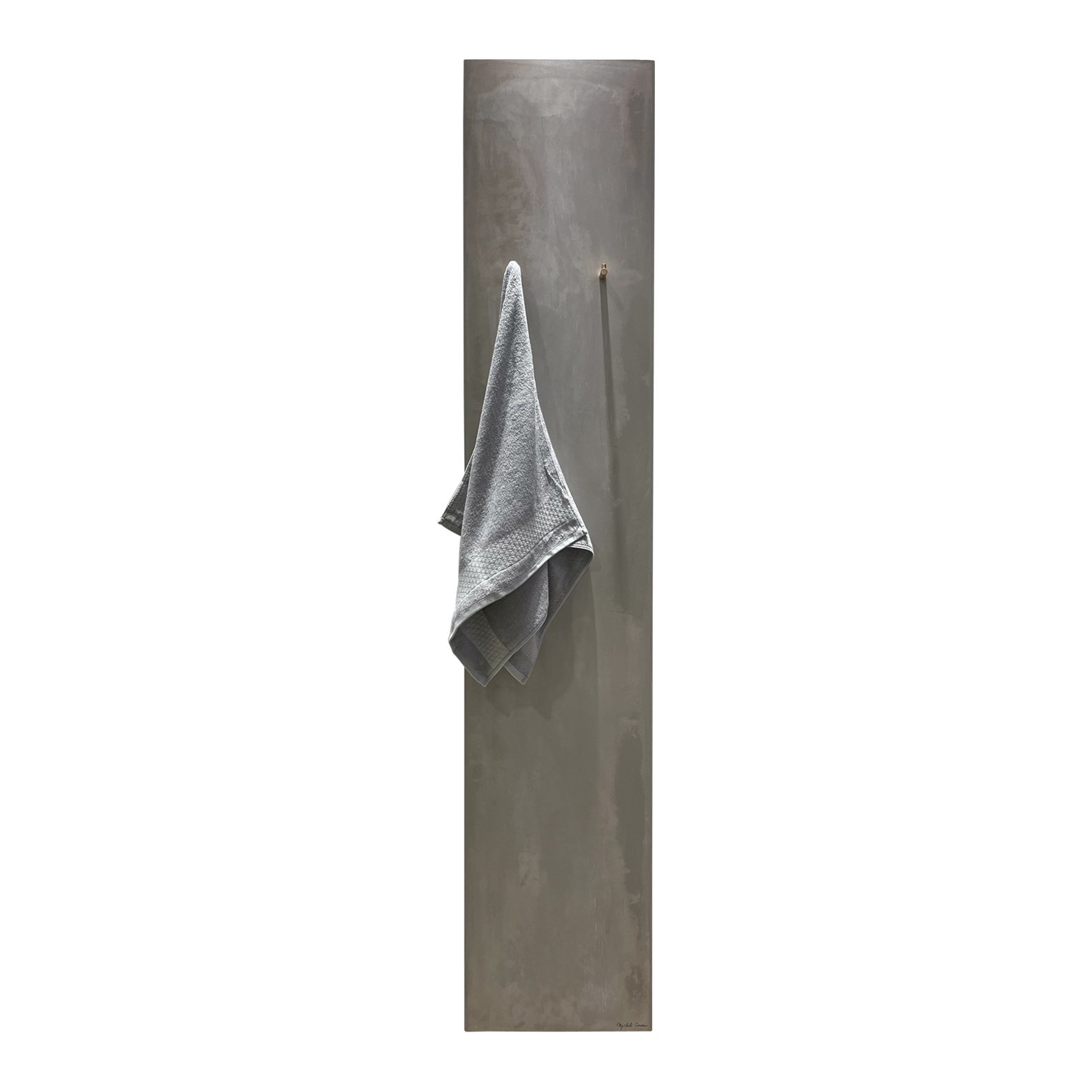 UNI Towel Warmer Radiator in Beige Concrete – A sleek, narrow electric towel warmer with a modern beige concrete finish, featuring two brushed brass towel hooks for a refined, space-saving bathroom heating solution.