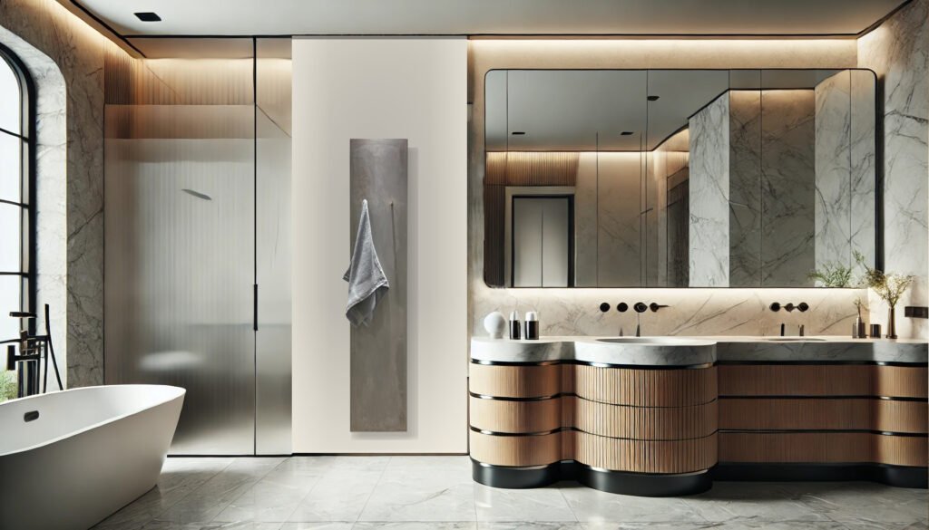 Minimalist Beige Concrete Towel Warmer – The UNI radiator offers efficient warmth and sophisticated style, with a slim profile and elegant brushed brass towel hooks, perfect for compact or multi-unit installations.