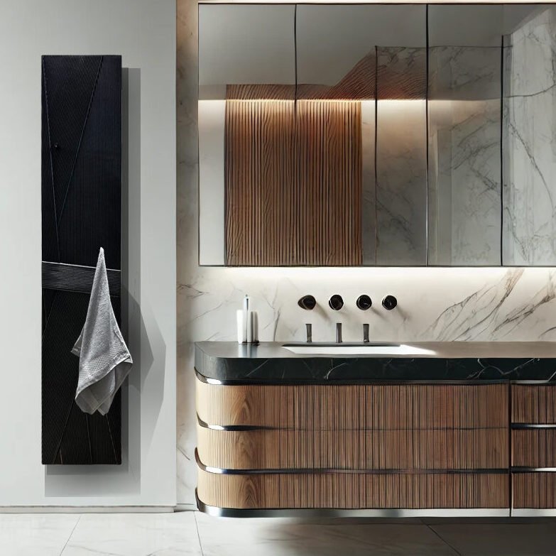 Narrow RIBBED Towel Warmer Radiator Narrow RIBBED Towel Warmer Radiator mounted in a contemporary bathroom, providing efficient heating and a stylish pleated surface that enhances both function and elegance.