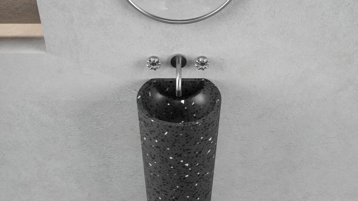 Evo Pedestal by Ideavit in Charcoal Terrazzo, a sleek and elegant pedestal sink with a minimalist design