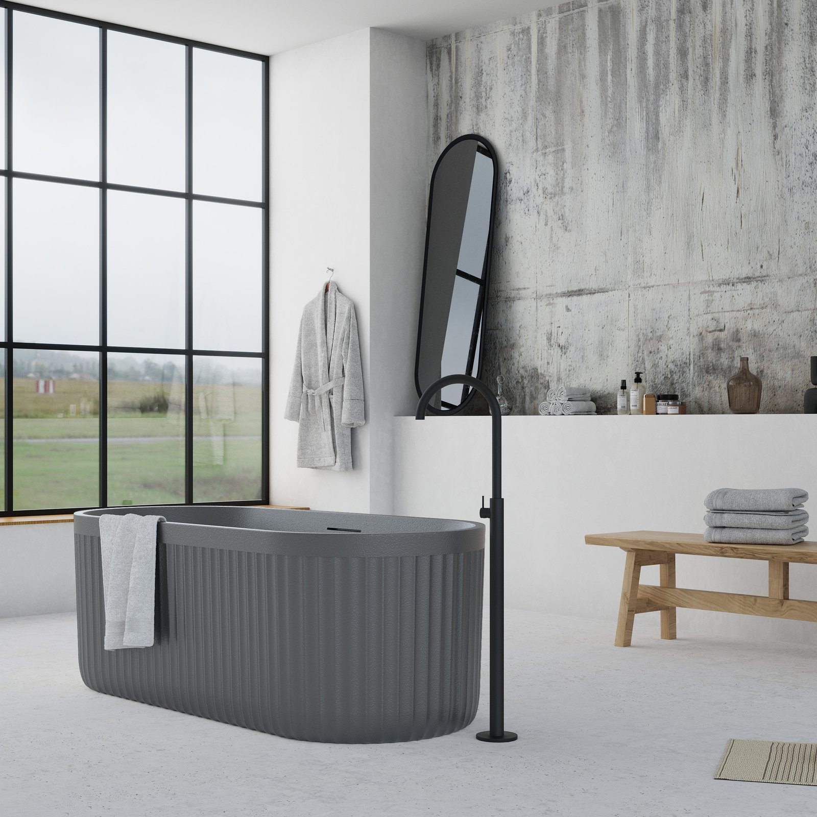Contemporary-style cement grey bathtub with sculptural ribbed exterior Contemporary-style cement grey bathtub with sculptural ribbed exterior and matte stone appearance, designed for luxurious soaking.
