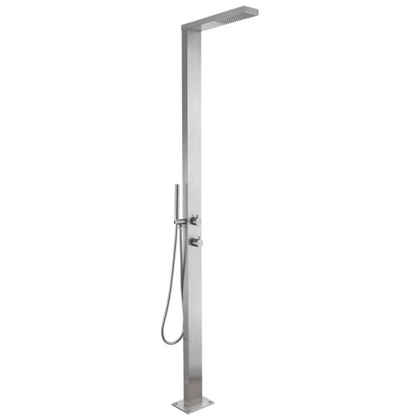 Freestanding outdoor shower column with integrated rain shower head and handheld wand in brushed stainless steel finish.