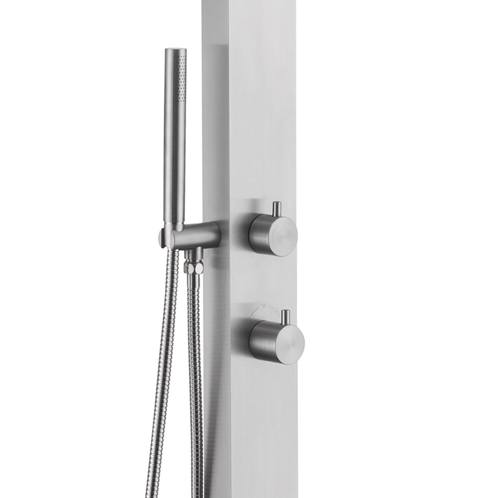 Close-up view of a modern stainless steel outdoor shower column with mixer controls.