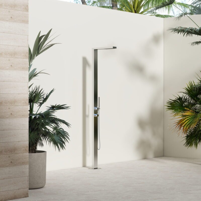 Modern stainless steel outdoor shower with mixer, shower head, and hose, designed for poolside or garden use.