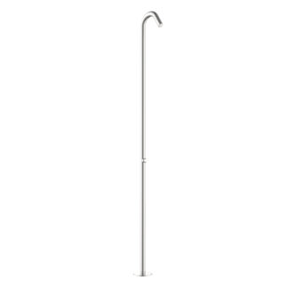 Slim freestanding outdoor shower column in stainless steel with curved shower head and timed cold water faucet.