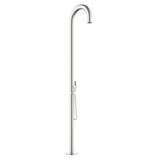 Outdoor shower mixer and hand shower hose attachment, showcasing brushed stainless steel finish and modern design details.