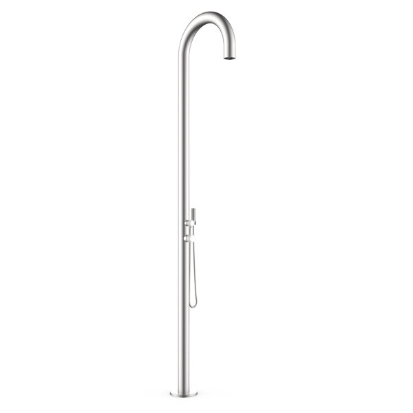 Outdoor shower mixer and hand shower hose attachment, showcasing brushed stainless steel finish and modern design details.