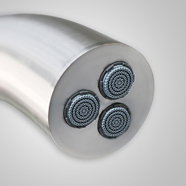 Close-up of the showerhead, with its brushed stainless steel finish and modern design details.