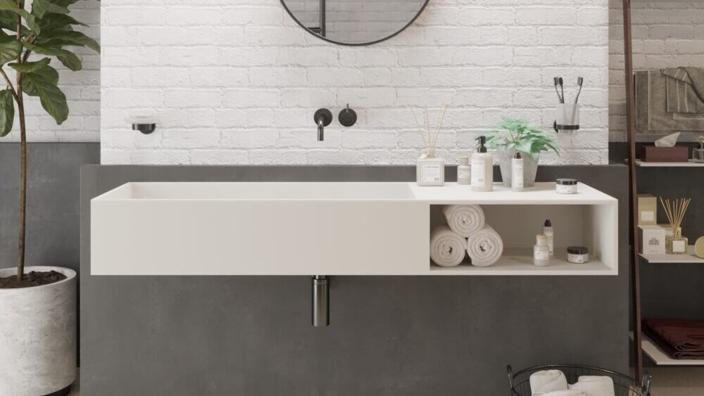 Ideavit PURE wall-hung vanity in durable solid surface material with a 55-inch width, spacious countertop, and a modern matte white design