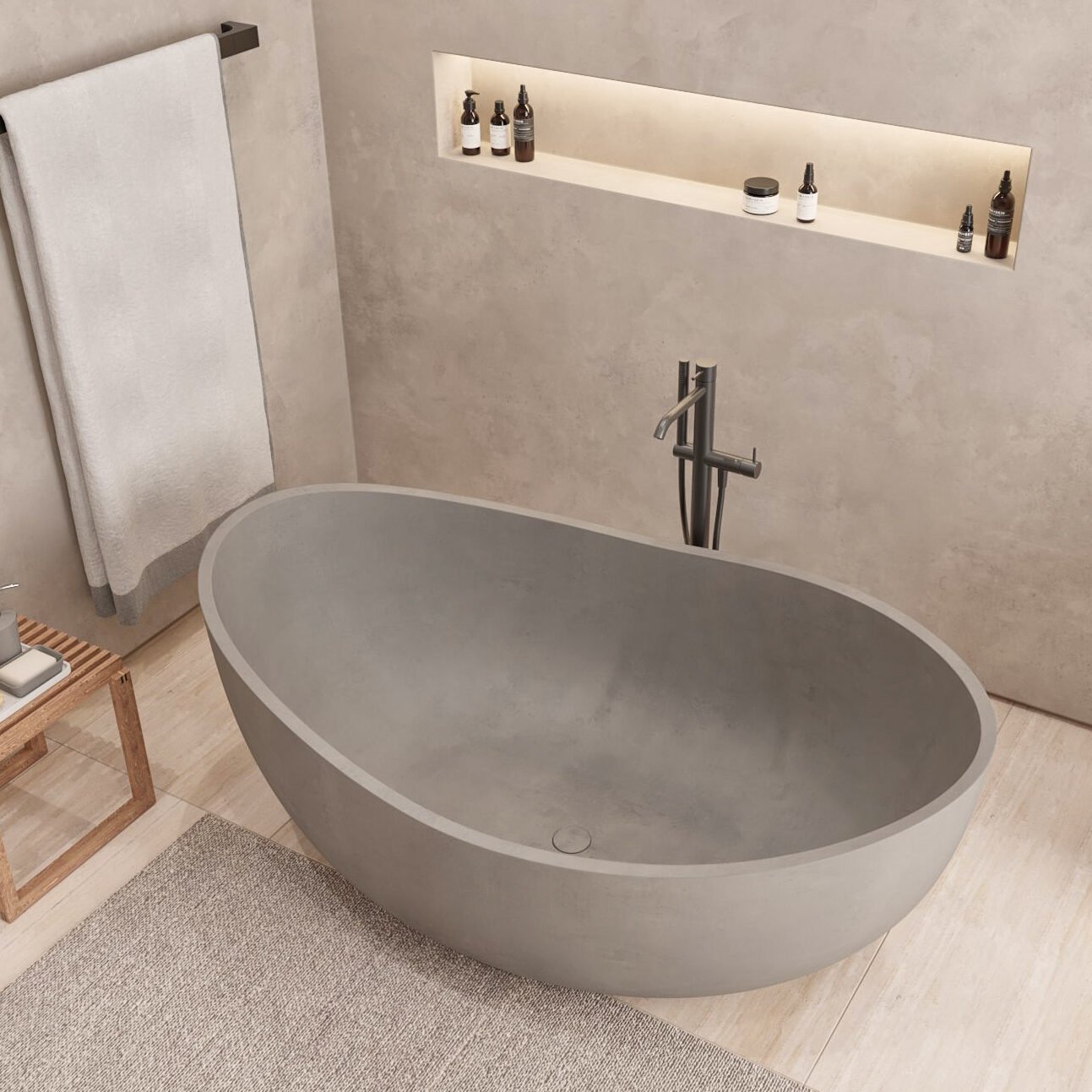 Modern concrete bathtub in taupe showcasing minimalist design