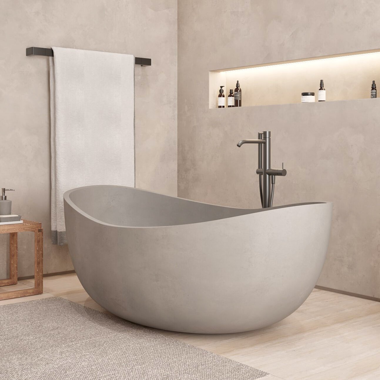 Luxurious freestanding bathtub set in an industrial-chic bathroom setting