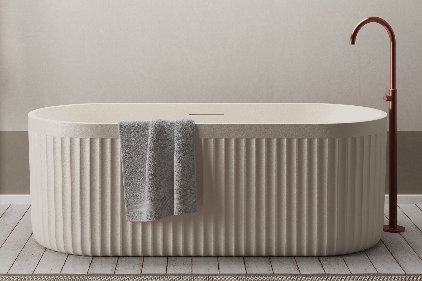 Cream-colored freestanding bathtub with ribbed rock-texture exterior, set in a minimalist modern bathroom.
