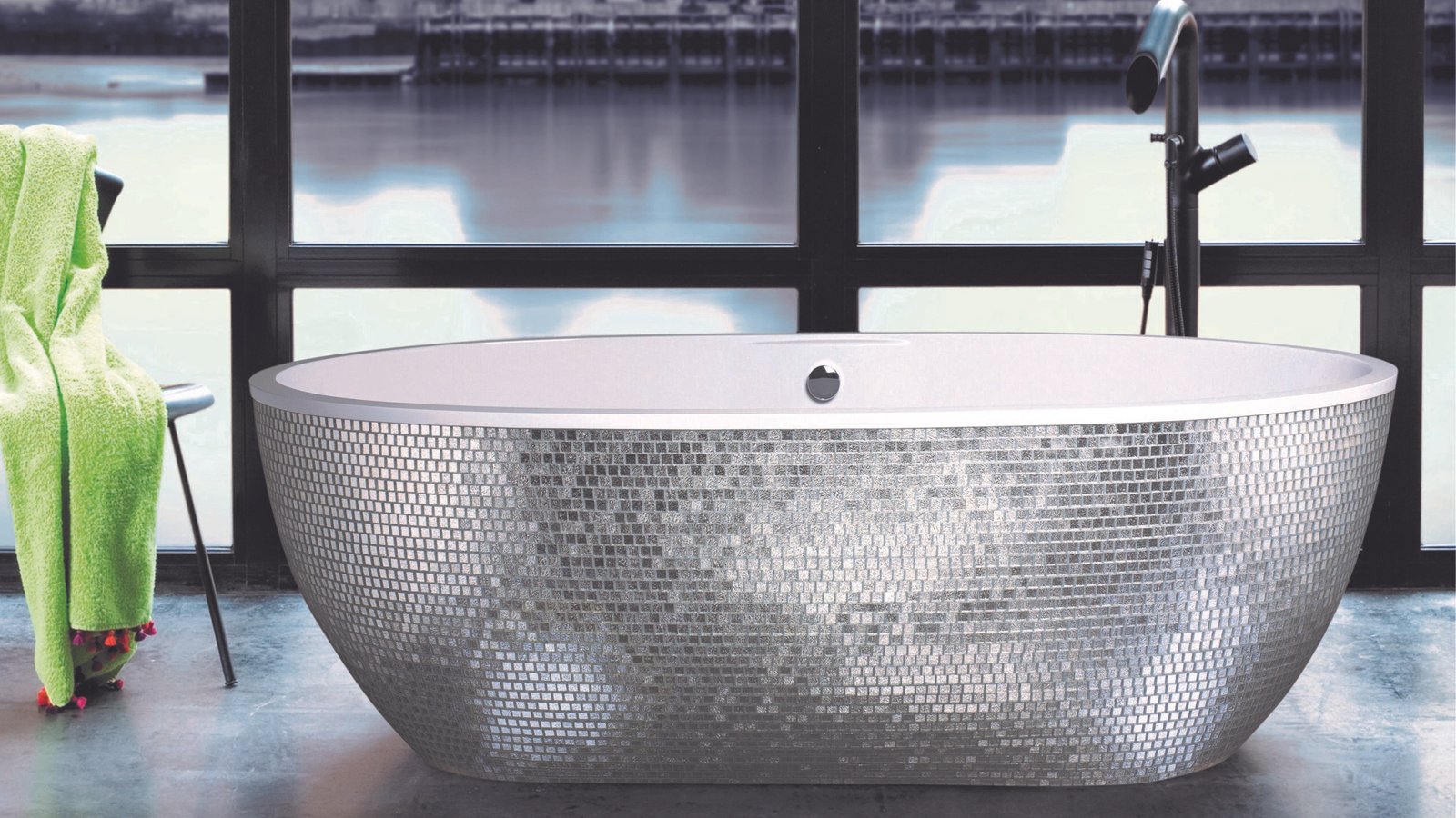 Elegant Freestanding Bathtub adorned with Sicis silver leaf mosaic
