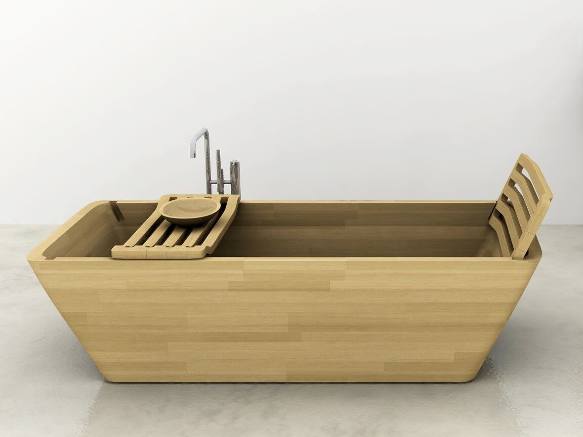 Luxurious rectangular Benque freestanding bathtub made of solid oak wood with a glossy finish, waterproof and heat-resistant