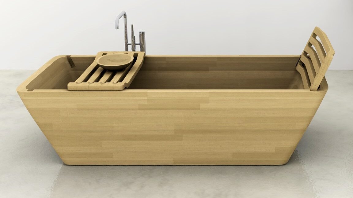 Luxurious rectangular Benque freestanding bathtub made of solid oak wood with a glossy finish, waterproof and heat-resistant