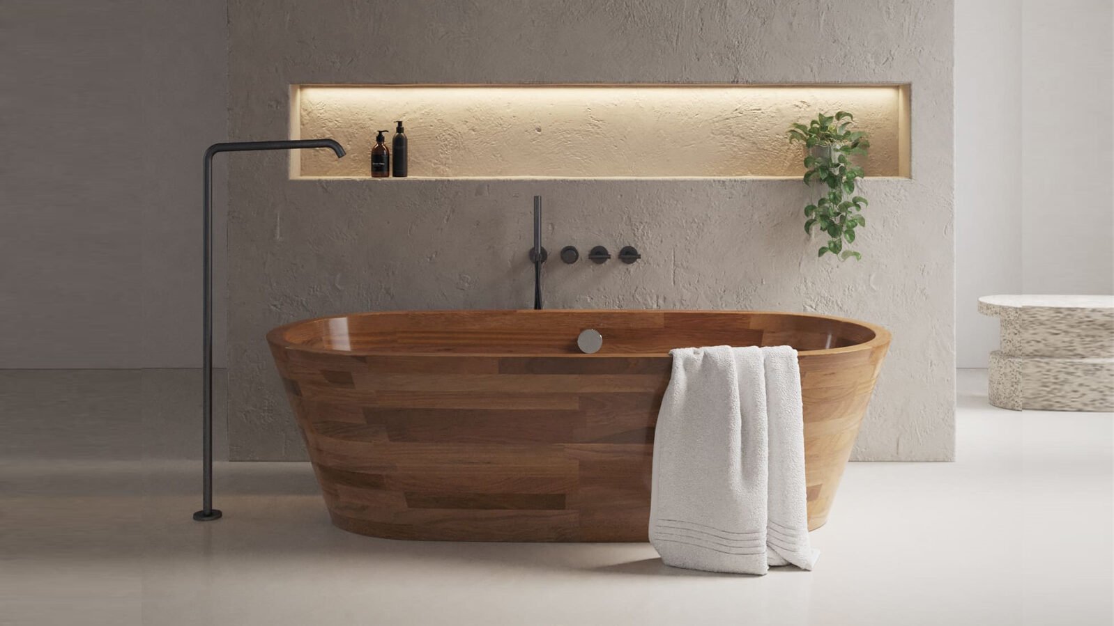 Elegant freestanding wooden bathtub handcrafted in Iroko wood, featuring a smooth elongated design with a rich natural finish. Showcased with a minimalist no-rim silhouette, the tub highlights precise joinery, a built-in overflow line, and a seamless matte surface—blending classic craftsmanship with modern luxury.