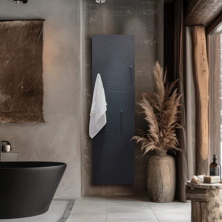 Ateliers CINIER Flower towel warmer radiator—a luxurious European design crafted from Olycal® stone, blending floral-inspired elegance with energy-efficient, radiant warmth for a cozy and stylish bathroom experience.