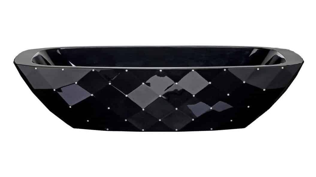 Diamond Freestanding Bathtub by AquaDesign with Swarovski crystals on square corners, glossy black finish
