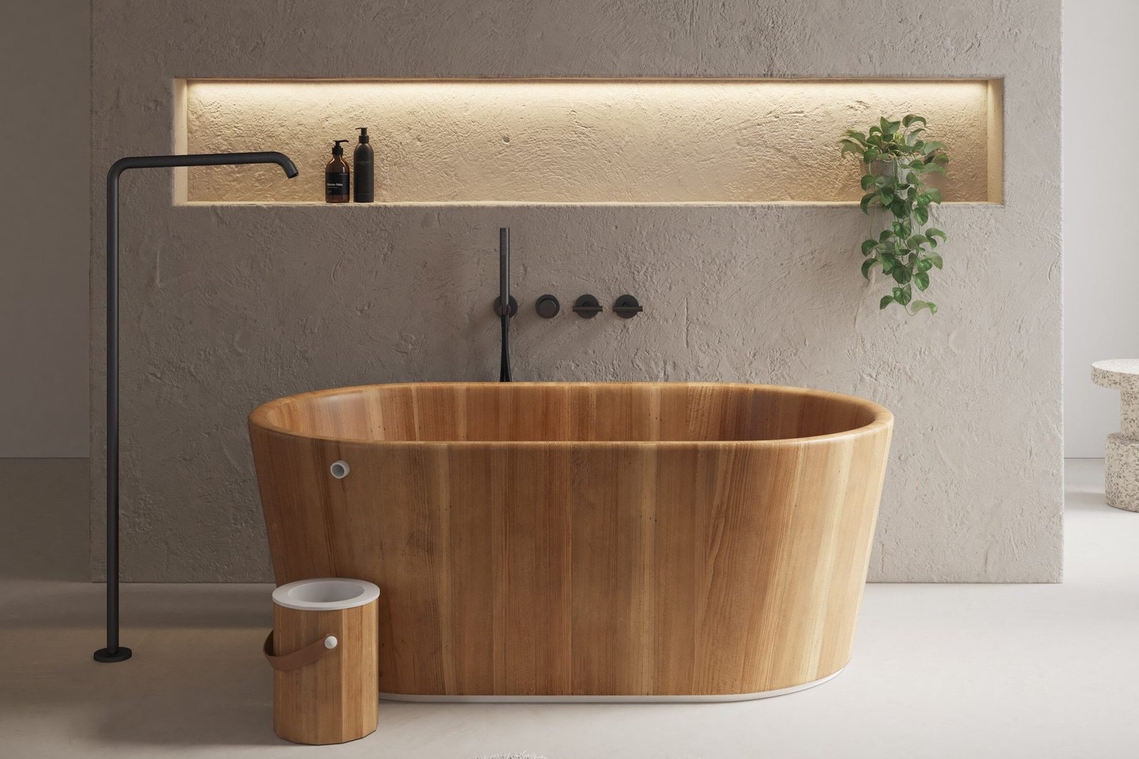 Ofuro freestanding wooden bathtub with Japanese-inspired design, crafted from premium solid wood options like ash, iroko, oak, walnut, or wenge