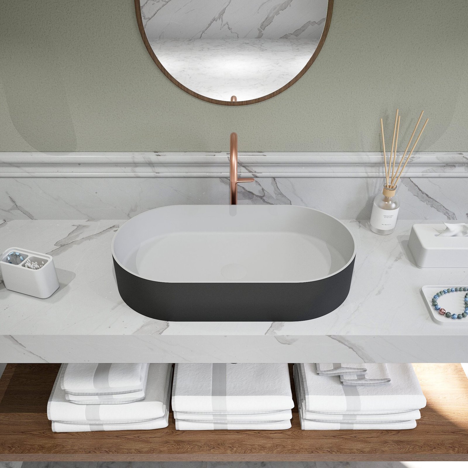 Contemporary freestanding washbasin from Ideavit’s 2023 collection, combining matte black and white finishes with a thin edge and durable Solid Surface construction
