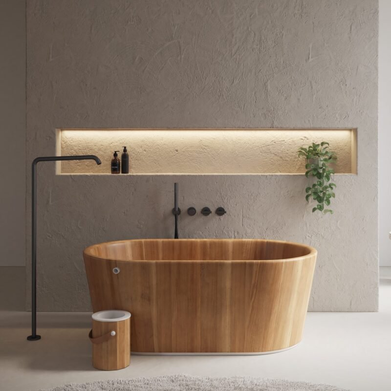 Ofuro freestanding wooden bathtub with Japanese-inspired design, crafted from premium solid wood options like ash, iroko, oak, walnut, or wenge